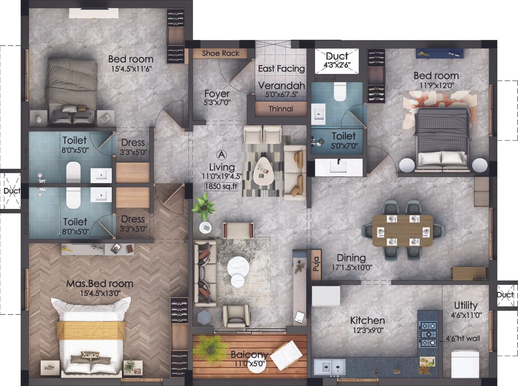 Lyra Habitat - Type A 3 BHK Residence Floor Plan (1,850 Sq.Ft)